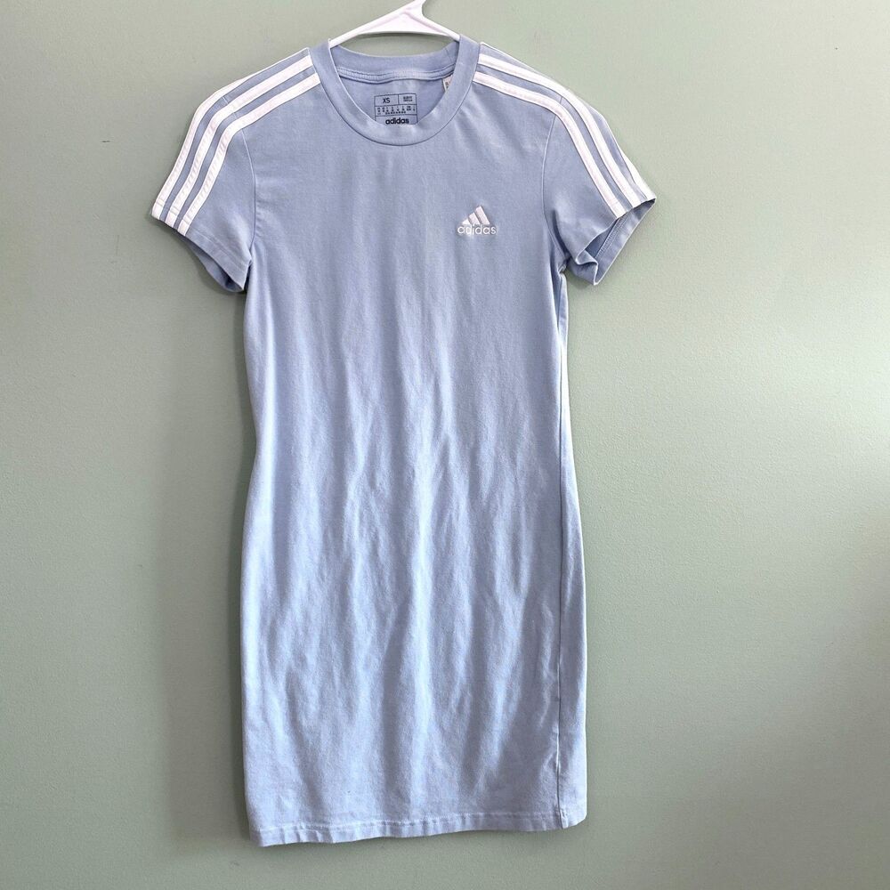 Adidas T Shirt Dress Womens XS Blue 3 Stripe Short Sleeve Athleisure Retro